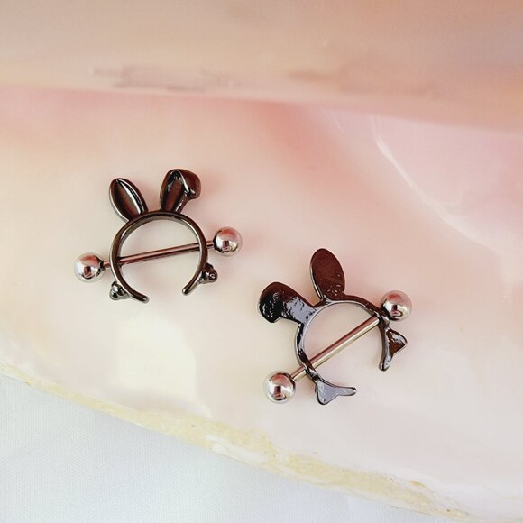 14G Black Bunny Rabbit Stainless Steel Nipple Shield piercing jewelry - Picture 2 of 5
